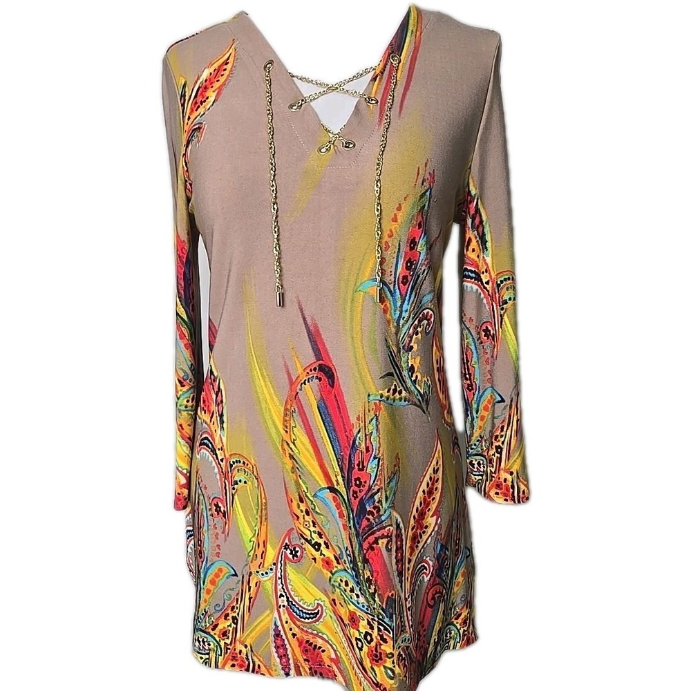 City View Stretch Knit Chain-Corset-Front Tunic Top Small S